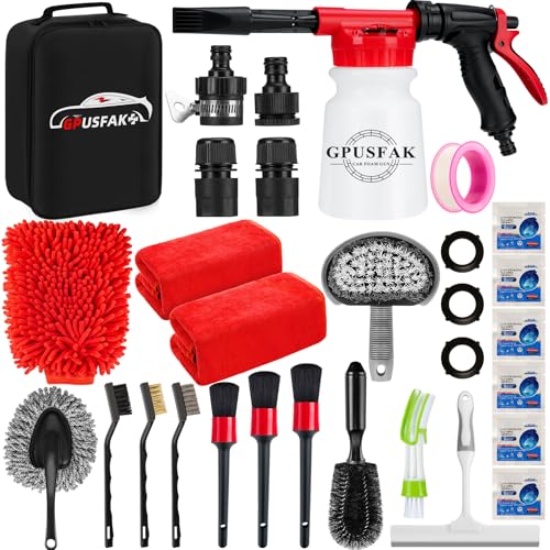 26Pcs Car Wash Cleaning Kit with Foam Gun Sprayer Detailing Brushes Window Water Scraper Tire Brush Towels Complete Interior Exterior Detailing Set for Car - size: 26Pcs