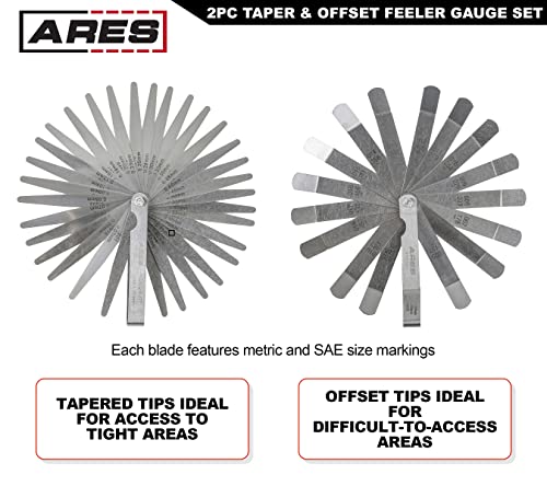 ARES 11042 - Feeler Gauge Set - 32 Tapered & 16 Offset Blades, SAE & Metric Marked | Steel blades, Folds flat for storage, Universal fit for most vehicles, 48 blades total, Limited lifetime warranty - size: 2-Piece Tapered and Offset Feeler Gauge Set