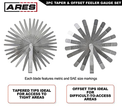 ARES 11042 - Feeler Gauge Set - 32 Tapered & 16 Offset Blades, SAE & Metric Marked | Steel blades, Folds flat for storage, Universal fit for most vehicles, 48 blades total, Limited lifetime warranty - size: 2-Piece Tapered and Offset Feeler Gauge Set