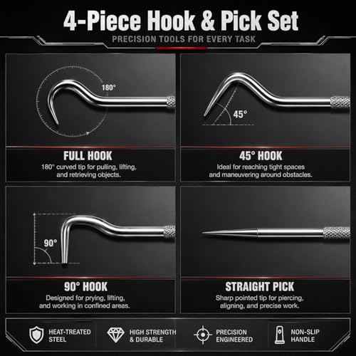 4-Piece Precision Pick and Hook Tool Set, Automotive Mechanic Tools with Non-Slip Handles for Removal, Repair & Maintenance
