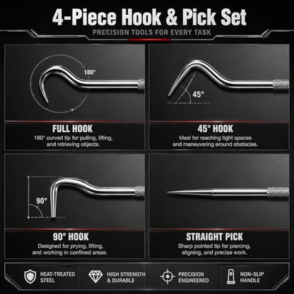 4-Piece Precision Pick and Hook Tool Set, Automotive Mechanic Tools with Non-Slip Handles for Removal, Repair & Maintenance