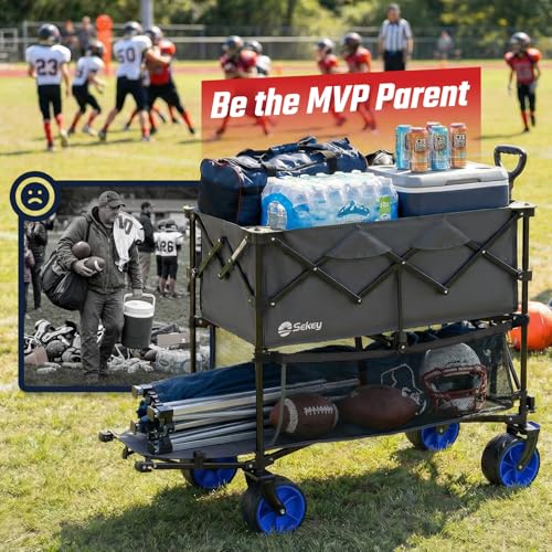 Sekey 500LBS Heavy Duty Double Decker Wagon with Extender, 400L Large Capacity Collapsible Garden Cart Fits 10x10 Canopy, All-Terrain Big Wheels with Brakes, Foldable Utility Wagon for Sports, Camping - color: Gray