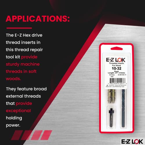 E-Z Hex Thread Repair Kit for Soft Wood Flush Threaded Inserts 10-32 x 13mm, Drill, Installation Tool - size: 10-32 x 13mm, style: Flush