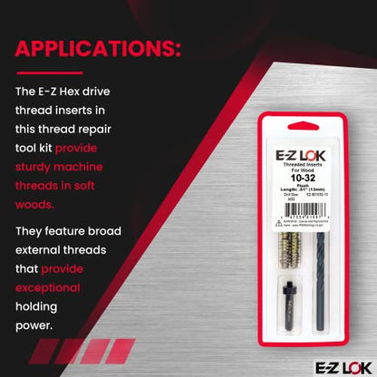 E-Z Hex Thread Repair Kit for Soft Wood Flush Threaded Inserts 10-32 x 13mm, Drill, Installation Tool - size: 10-32 x 13mm, style: Flush