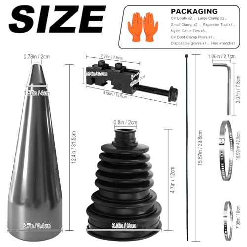 2PCS CV Boot Repair Kit with Expander Tool and Clamps, 4 Stainless Steel Clamps & 6 Cable Ties and Protective Gloves,Universal CV Axle Boot Repair Kit for 19mm to 24mm Shafts