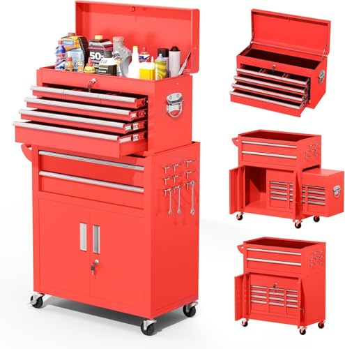 Greenvelly Tool Chest, 8-Drawer Rolling Tool Cart with Hooks, Tray Divider, Liners, 2 in 1 Detachable Tool Cabinet, Metal Tool Storage Cart, Tool Box for Garage Workshop(Red) - color: Red, size: 8 Drawers