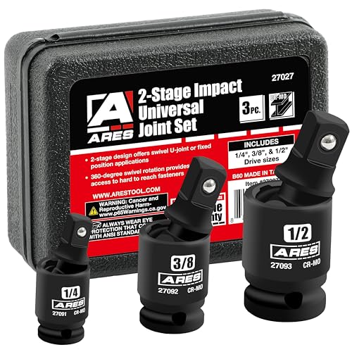 ARES 27027-3-Piece 2-Stage Impact Universal Joint Set – 2-Stage Ball Spring Design Changes Socket from Swivel to Fixed Position - 1/4-Inch, 3/8-Inch and 1/2-Inch Drive - size: 1/4-Inch, 3/8-Inch, 1/2-Inch 2-Stage Set