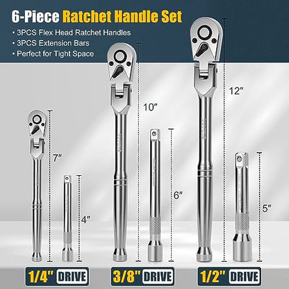 YIYEIE 6-Piece Flex Head Ratchet Set, 1/4", 3/8", 1/2" Drive, Swivel Head Ratchet Wrench with Extension Bar, 72 Tooth, 180° Adjustable, Quick-Release, Flexible Ratchet Handle with EVA Foam - size: 1/4", 3/8", 1/2" Drive, style: 6pcs Flex Head Ratchet Set
