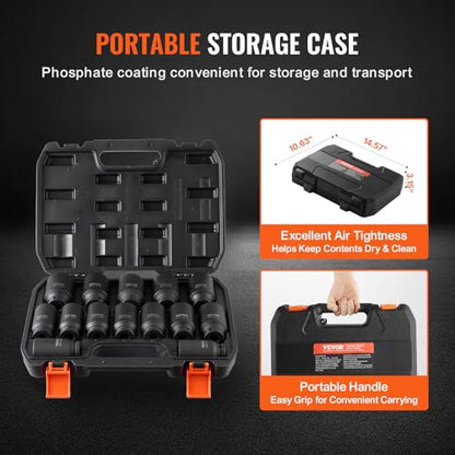 VEVOR Axle Nut Impact Socket Set - 1/2" Drive Deep 6+12-Point 14-Piece Metric Spindle Nut Socket CR-V Heat Treated Large Socket Set with Storage Case for Auto Repair, Removing or Installing Axle Nuts - style: 1/2" 14PCS CR-MO