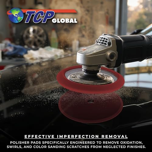 TCP Global 8" Red Foam Buffing Pad Extra Coarse Cutting Polish Hook and Loop Backing - Buffing Pad for Automotive, Marine, Truck, RV & Compound Cutting - color: Red