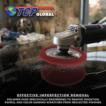 TCP Global 8" Red Foam Buffing Pad Extra Coarse Cutting Polish Hook and Loop Backing - Buffing Pad for Automotive, Marine, Truck, RV & Compound Cutting - color: Red