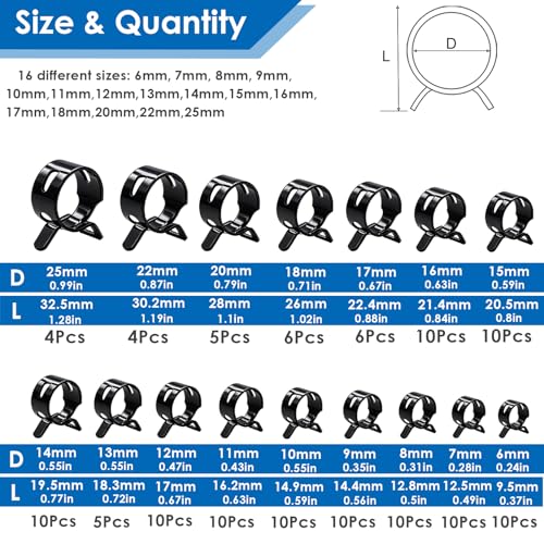 Tnisesm 132Pcs 6-25MM Spring Hose Clamps with Hose Clamp Pliers, Black Small Hose Clamps Automotive Fuel Hose Clamp Silicone Vacuum Hose Pipe Low Pressure Air Clip Clamp - size: 132Pcs - 16 Sizes + Plier