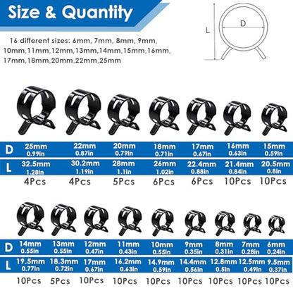 Tnisesm 132Pcs 6-25MM Spring Hose Clamps with Hose Clamp Pliers, Black Small Hose Clamps Automotive Fuel Hose Clamp Silicone Vacuum Hose Pipe Low Pressure Air Clip Clamp - size: 132Pcs - 16 Sizes + Plier