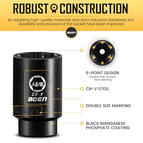 boen 1/2” Drive SAE Impact Socket Set, 3/8" to 1-1/2" Deep Socket, 6-Point Hex Socket with Portable Case, Rugged Construction, CR-V Steel, 24PCS