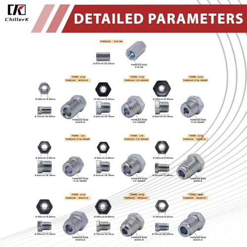 345 PCS Brake Line Fittings Kit,Reducer Bushing,Hex Nipple,Close Nipple,Reducing Hex Coupling,Hex Head Plugs,Hex head Cap,Socket Plug Kit - size: Mixed Sizes