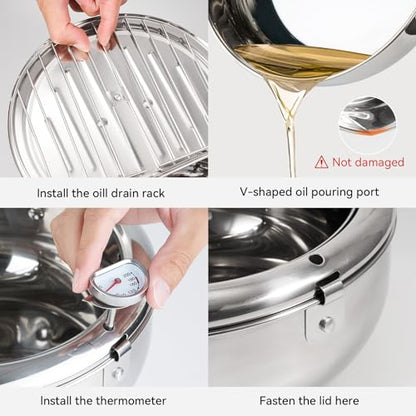 Kerilyn Deep Fryer Pot, 9.4 Inch/3.4 L Janpanese Style Tempura Frying Pot with Lid, 304 Stainless Steel with Temperature Control and Oil Drip Drainer Rack, for Kitchen French Fries, Chicken etc - size: 9.4 Inch