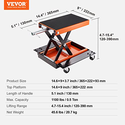 VEVOR Motorcycle Lift 1100lbs ATV Scissor Lift Jack with Dolly & Hand Crank | Garage Repair Center Hoist Crank Stand with Wide Deck and Tool Tray for Street Bikes, Cruiser Bikes, Touring Motorcycles | Garage Repair Center Hoist Crank Stand with Wide Deck