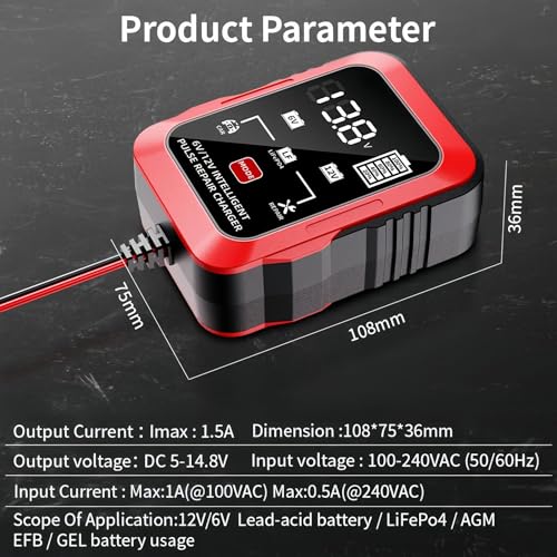 6V 12V Battery Charger 1.5A Automatic Battery Maintainer Trickle Charger Smart Float Charge, Auto Battery Repair Charger Desulfator for Car Motorcycle Lawn Mower Boat Lead Acid AGM LiFePO4 Batteries