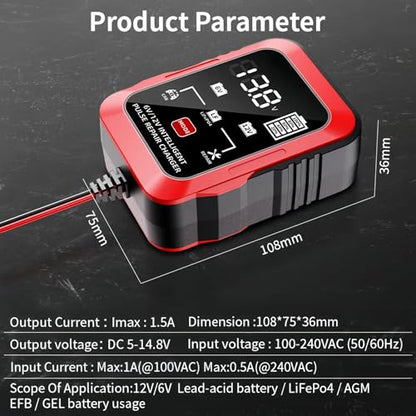6V 12V Battery Charger 1.5A Automatic Battery Maintainer Trickle Charger Smart Float Charge, Auto Battery Repair Charger Desulfator for Car Motorcycle Lawn Mower Boat Lead Acid AGM LiFePO4 Batteries