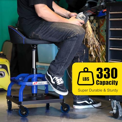 Rolling Stool with Blue Wheels,Heavy Duty Garage Work Mechanic Rolling Shop Stool with Backrest, Adjustable Height 360°Swivel Roller Mechanic Chair with 2 Tool Trays, 330 LBS Capacity - color: Blue Stool With Blue Casters