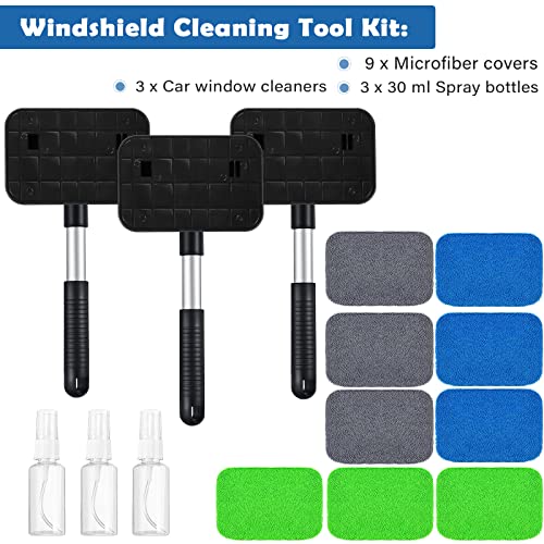Frienda 3 Set Windshield Cleaner Tool Inside Car Window Cleaner Tool with 3 Extendable Handle 9 Reusable Microfiber Pads and 3 Spray Bottles for Auto Home Interior Exterior Glass Cleaning (Multicolor) : Automotive