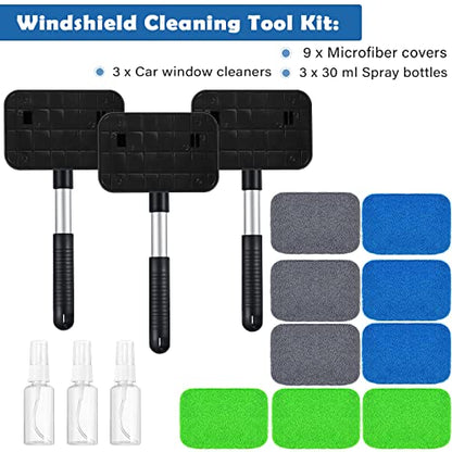 Frienda 3 Set Windshield Cleaner Tool Inside Car Window Cleaner Tool with 3 Extendable Handle 9 Reusable Microfiber Pads and 3 Spray Bottles for Auto Home Interior Exterior Glass Cleaning (Multicolor) : Automotive