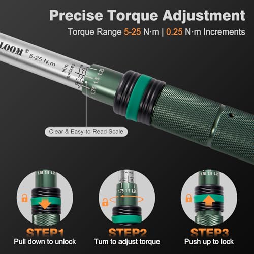 Bicycle Torque Wrench Set, 1/4-Inch, 5–25 Nm, 15-Piece Kit | Click wrench with torque control in both directions, 0.25 Nm increments, 4-inch extension, 13 bits and case.