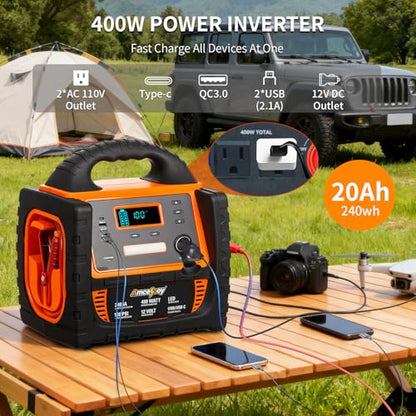 2400A Car Battery Jump Starter and Portable Power Station – Starts 8.0L Gas & 8.0L Diesel – 6-in-1 Jump Starter with Air Compressor 100 PSI Tire Inflator – 400 Watt Inverter AC/DC/USB Outlets - style: Orange