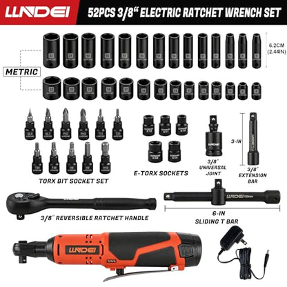 LLNDEI Cordless Electric Ratchet Wrench Set with Socket Set, 3/8" Ratchet, 40FT-LBS with Adjustable Speed, 52PCS