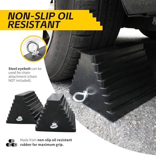 MaxxHaul Rubber Wheel Chock 2 Pack, Large 10" x 8" x 6" Heavy Duty Tire Stop with Non Slip All Weather Grip, Oil Resistant Rubber Block with Steel Eyebolt for Vehicle and Trailer Safety (80681) - size: MaxxHaul 80681- 10" x 8" x 6"