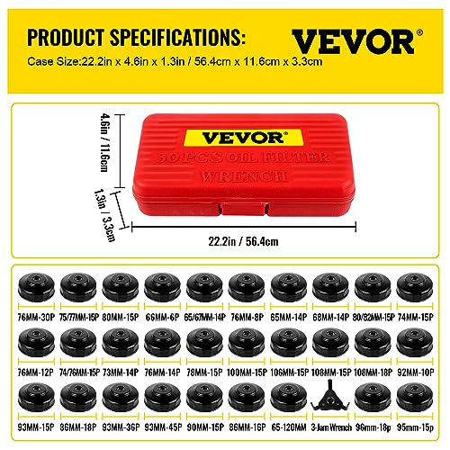VEVOR Oil Filter Socket Set, 30 Pcs, Steel, Black, 3-Jam Wrench