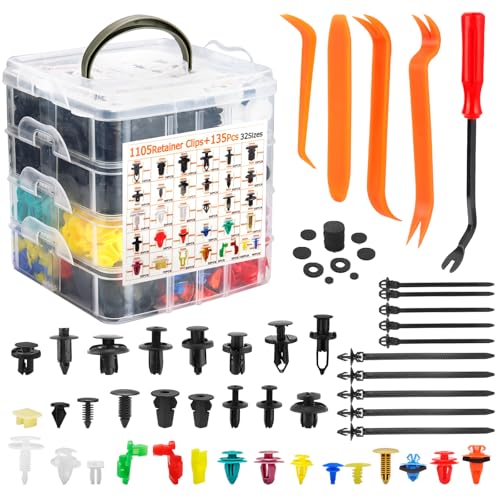 Car Retainer Clips & Fasteners Kit – 32 Universal Sizes Nylon Bumper, Fender Rivets, Door Panel Clips, and Plastic Rivets with 10 Cable Ties and Removal Tool for Toyota, Ford (1240pcs) - style: 1240pcs