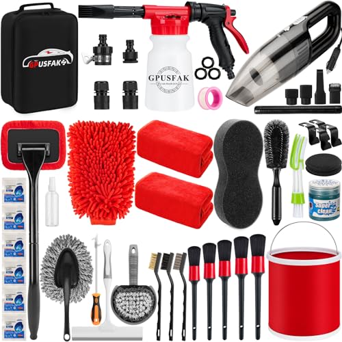 46Pcs Car Wash Cleaning Kit with Foam Gun Sprayer Detailing Brushes Car Vacuum Collapsible Bucket Windshield Cleaning Tool Tire Brush Towels Complete Interior Exterior Detailing Set for Car - size: 46Pcs