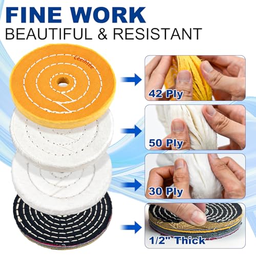 10Pcs 4'' Buffing Polishing Wheel with 1/4‘’ Drill Shank， Include 1/2" Arbor Hole 2 Yellow Cotton/2 White Cotton Polish Wheels/1 Soft Flannel Buffing Wheel/1 Denim Wheel &3 Polishing Compound