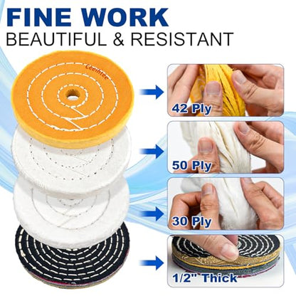 10Pcs 4'' Buffing Polishing Wheel with 1/4‘’ Drill Shank， Include 1/2" Arbor Hole 2 Yellow Cotton/2 White Cotton Polish Wheels/1 Soft Flannel Buffing Wheel/1 Denim Wheel &3 Polishing Compound