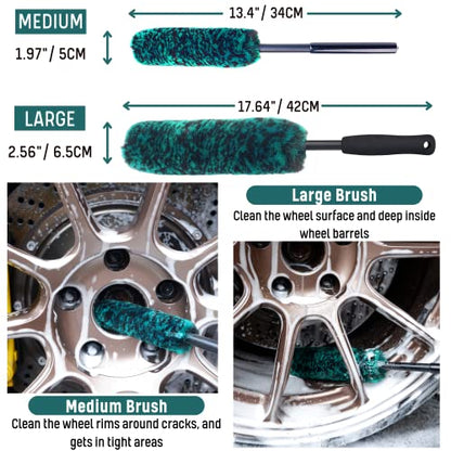 oesee Professional 4 Pack Long Handle Wheel Brush Kit for Cleaning Wheel and Tire- 2X Soft Wheel Cleaning Brush, Detailing Brush and Stiff Tire Brush, Bendable& Durable Wheel Rim Cleaner Brush Set - color: 4 Pack (Green & Black)