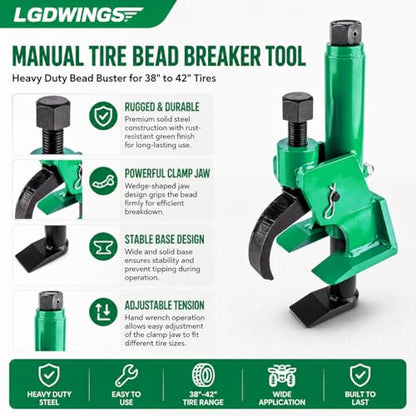 Tire Bead Breaker, Heavy Duty Manual Bead Buster Tool for Tire Removal, Adjustable Rim Clamp Tire Repair Kit for ATV, UTV, Tractor, Lawn Mower, Small & Large 38" to 42" Tires, with Gloves - color: GREEN