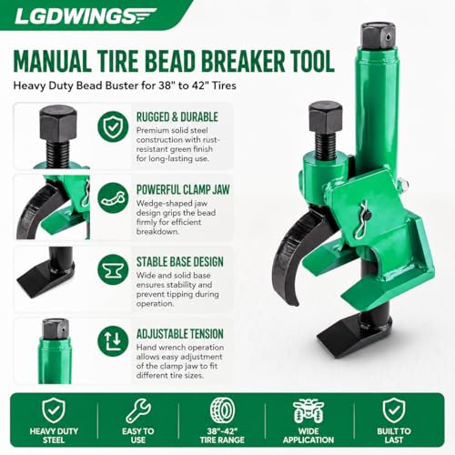 Tire Bead Breaker, Heavy Duty Manual Bead Buster Tool for Tire Removal, Adjustable Rim Clamp Tire Repair Kit for ATV, UTV, Tractor, Lawn Mower, Small & Large 38" to 42" Tires, with Gloves - color: GREEN