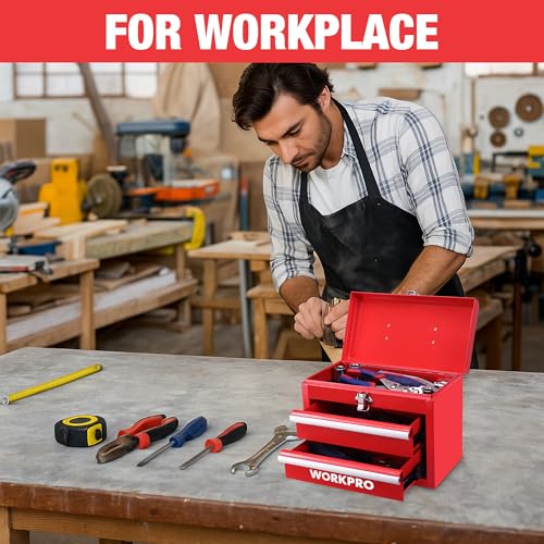 WORKPRO Portable Mini Tool Box, 2 Drawers Metal Tool Chest with Ball Bearing Slides, Top Storage with Latch, Ergonomic Carrying Handle, Mechanic Toolbox with PVC Liners and PP Feet Pads - color: Red