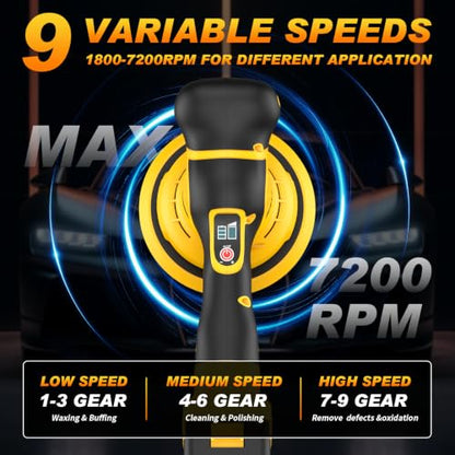 Cordless Car Buffer Polisher kit, 9 Speed Orbital Polisher, 6 Inch Compatible with DEWALT 20V Battery(No Battery),1800-7200RPM, for Car Boat Waxing/Scratch