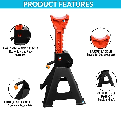 Jack Stands 3 Ton, Heavy Duty Car Jack Stand, 10.08-17.0 inch Adjustable Height for Lifted Truck, SUV, MPV and UTV/ATV, 6600 lb Capacity, 1 Pair Black & Red (Automotive Stands Set of 2) - size: 3 Ton (Standard)