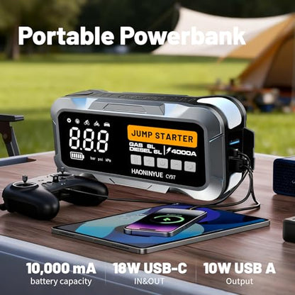 4000A Car Jump Starter with Air Compressor150PSI | Portable Car Battery Jump Starter, 12V Jump Box Battery Pack (8L Gas 6L Diesel Engine) with Boost, LEDLight and Jumper Cables - color: Sliver