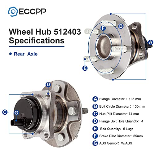 ECCPP 2-Piece 512403 Wheel Hub Bearing for Toyota Corolla 2009-2019 | for Pontiac Vibe 2009-2010 5 lugs w/ABS Sensor Pre-Greased Sealed - size: 512403*2