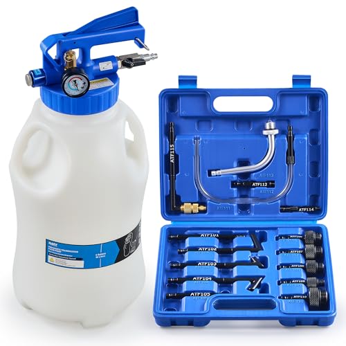 OMT 2.6 Gallon Vacuum Fluid Evacuator and Filler Set with 15 ATF Adapters | 10L Pneumatic Transmission Bleeder for Shops; Hands-Free Trigger Lock; Pressure Gauge; Heat Resistant Nylon Tubes; Auto Care
