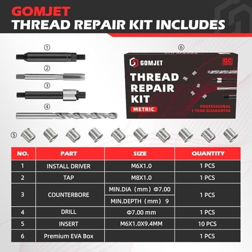 M6X1.0 Metric Thread Repair Kit, with M6X1.0X9.4MM Stainless Steel Insert Qty 10 - size: M6x1.0x9.4mm