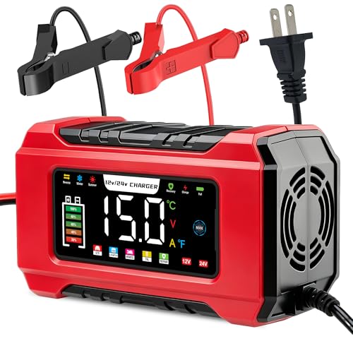 15-Amp Battery Charger, 12V/24V Smart Trickle Charger, Red | Battery Maintainer & Desulfator, Temperature Compensation, 9 Stage Charging, for Car Truck Motorcycle, Boat LiFePO4 Lead Acid