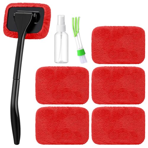 FoldTier 8 Pcs Car Windshield Cleaner Tool Kit with Removable Handle, Microfiber Towel Pads, Brush, Empty Spray Bottle for Auto Glass Wiper Suvs Rvs & Home Windows(Red) - color: Red