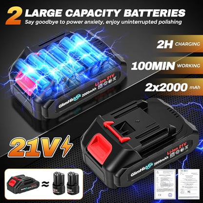 Cordless Car Buffer Polisher Kit with 2x2000mAh 21V Batteries and 28PCS Kit | 8-Speed 6000RPM, 9mm Dual Action Orbit, 150mm Base Plate, Brushless Motor, LED Display, for Waxing/Polishing/Scratch Removal