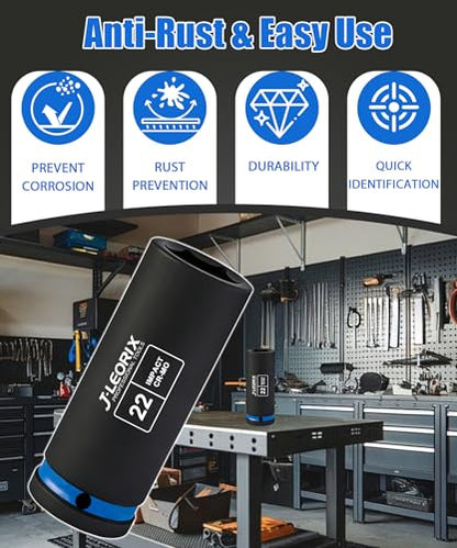 22mm Deep Impact Socket 1/2" Drive CR-MO Steel 6-Point | CR-MO steel impact socket set. 1/2" drive, 6-point design. Deep reach for lug nuts & axle nuts. - size: 22mm