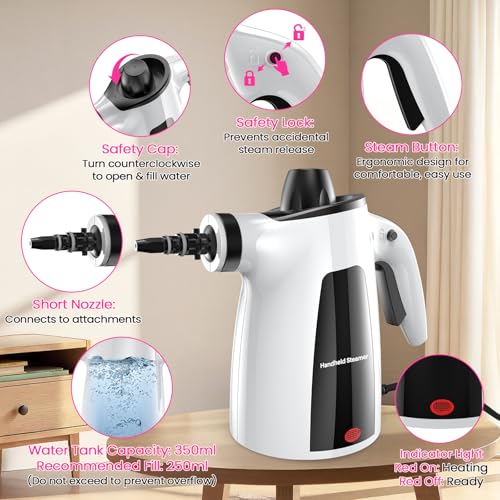 Steam Cleaner, Pressurized Handheld Multi-Surface Natural Steam Cleaner with 12pcs Accessory & Safety Lock, Portable Steamer for Cleaning Home, Kitchen, Bathroom, Car, Upholstery, Grout, Window - color: White